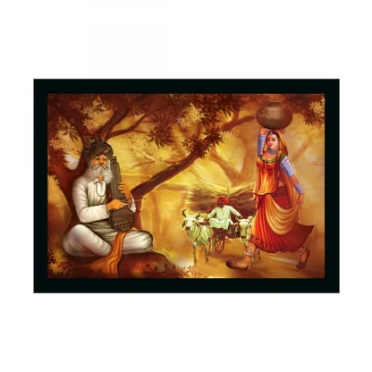 Rajasthani Village Modern Art Painting with Synthetic Photo Frame (Multicolor)