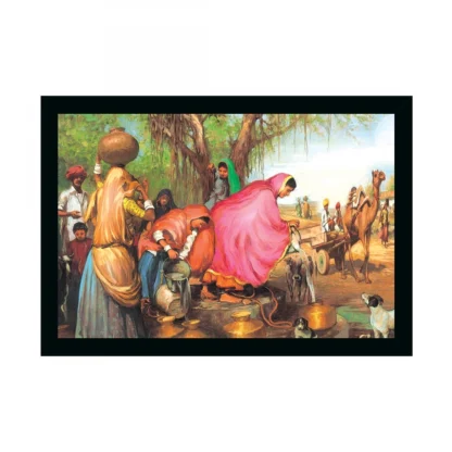 Rajasthani Village Modern Art Painting with Synthetic Photo Frame (Multicolor)