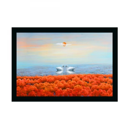 Swan Pair Painting with Synthetic Photo Frame (Multicolor)