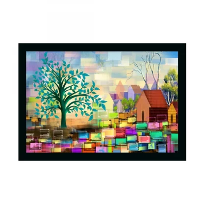 Village Painting Painting with Synthetic Photo Frame (Multicolor)