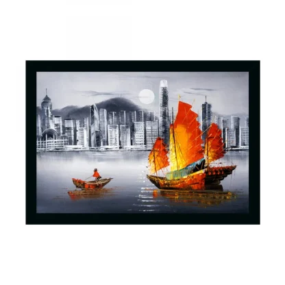 Boat Painting Painting with Synthetic Photo Frame (Multicolor)