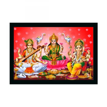 Laxmi Ganesh Saraswati Painting with Synthetic Photo Frame (Multicolor)