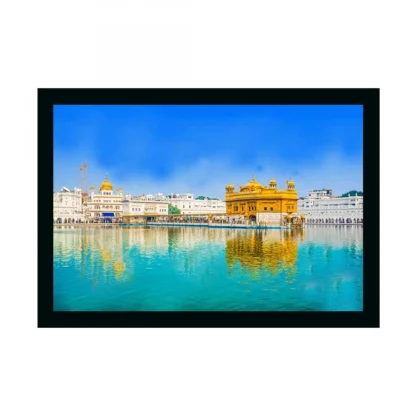 Golden Temple Painting with Synthetic Photo Frame (Multicolor)