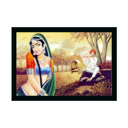 Rajasthani Village Modern Art Painting with Synthetic Photo Frame (Multicolor)