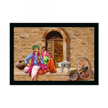 Rajasthani Village Modern Art Painting with Synthetic Photo Frame (Multicolor)