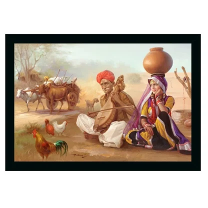 Rajasthani Village Modern Art Painting with Synthetic Photo Frame (Multicolor)