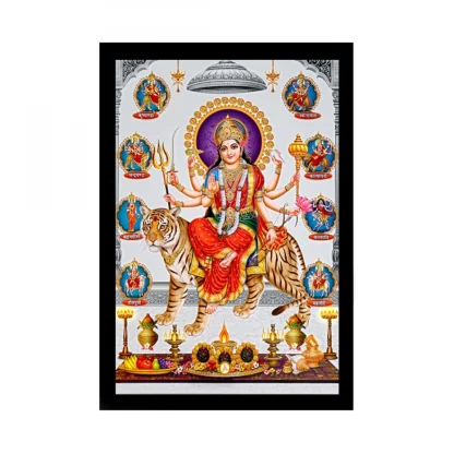 Durga Mata Painting with Synthetic Photo Frame (Multicolor)