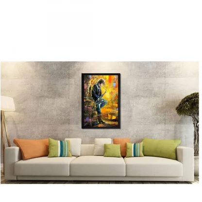 Boy Playing Saxophone Modern Art Painting with Synthetic Photo Frame (Multicolor) - Image 2