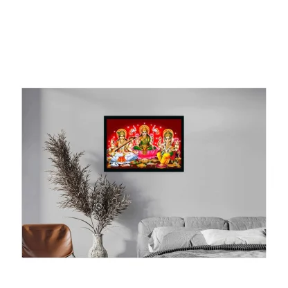 Laxmi Ganesh Saraswati Painting with Synthetic Photo Frame (Multicolor) - Image 2