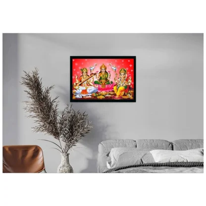 Laxmi Ganesh Saraswati Painting with Synthetic Photo Frame (Multicolor) - Image 2