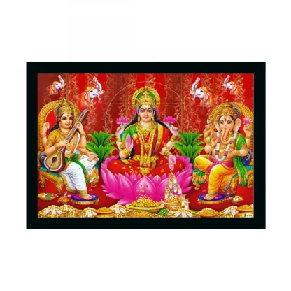 Laxmi Ganesh Saraswati Painting with Synthetic Photo Frame (Multicolor)