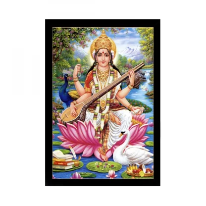 Saraswati Maa Painting with Synthetic Photo Frame (Multicolor)