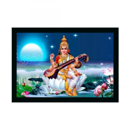 Saraswati Maa Painting with Synthetic Photo Frame (Multicolor)