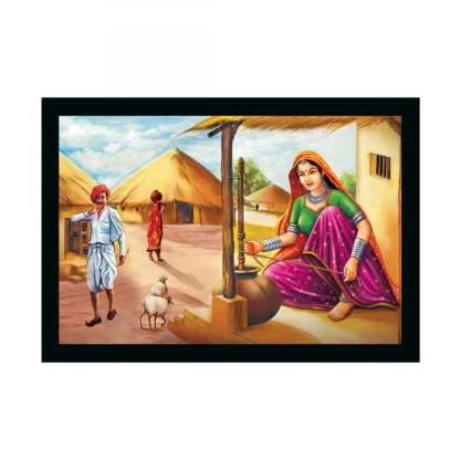 Rajasthani Village Modern Art Painting with Synthetic Photo Frame (Multicolor)