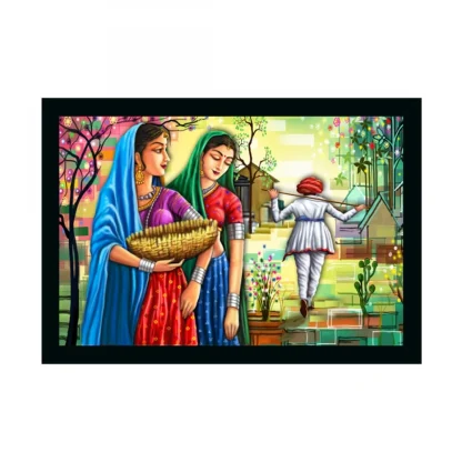 Rajasthani Village Modern Art Painting with Synthetic Photo Frame (Multicolor)