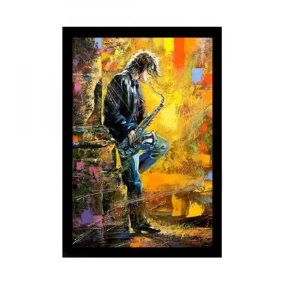 Boy Playing Saxophone Modern Art Painting with Synthetic Photo Frame (Multicolor)