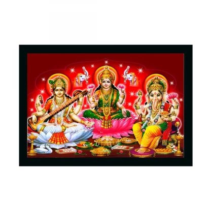 Laxmi Ganesh Saraswati Painting with Synthetic Photo Frame (Multicolor)