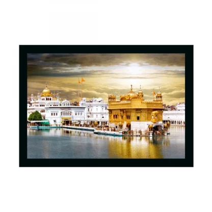 Golden Temple Painting with Synthetic Photo Frame (Multicolor)