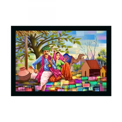 Rajasthani Village Modern Art Painting with Synthetic Photo Frame (Multicolor)