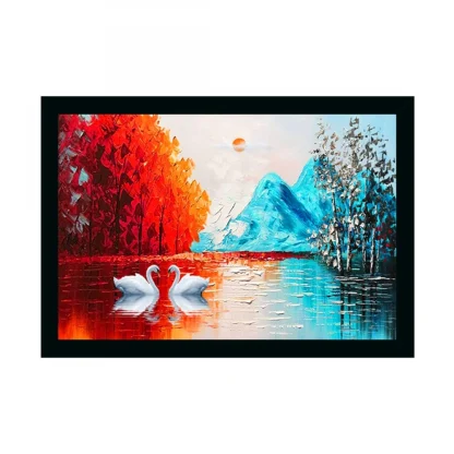 Swan Natural Painting with Synthetic Photo Frame (Multicolor)