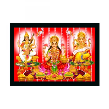 Laxmi Ganesh Saraswati Painting with Synthetic Photo Frame (Multicolor)