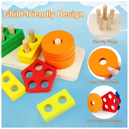 Wooden  Sorting And Stacking Toys 5 Column Geometric Shape Puzzle Activity For Kids (Wood Color) - Image 3