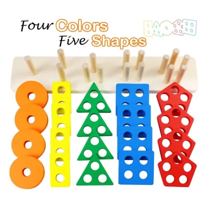 Wooden  Sorting And Stacking Toys 5 Column Geometric Shape Puzzle Activity For Kids (Wood Color) - Image 4