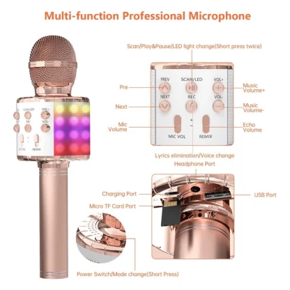 Metal Wireless Bluetooth Microphone With Led Lights  Portable Handheld Mic Speaker For Kids (Assorted) - Image 5