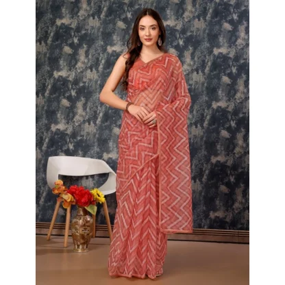 Women's Linen Zig Zag Saree With Unstitched Blouse (Peach, 5-6 Mtrs) - Image 8