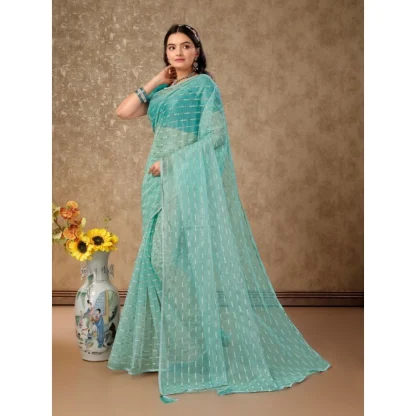 Women's Linen Line Saree With Unstitched Blouse (Turquies Green, 5-6 Mtrs) - Image 7