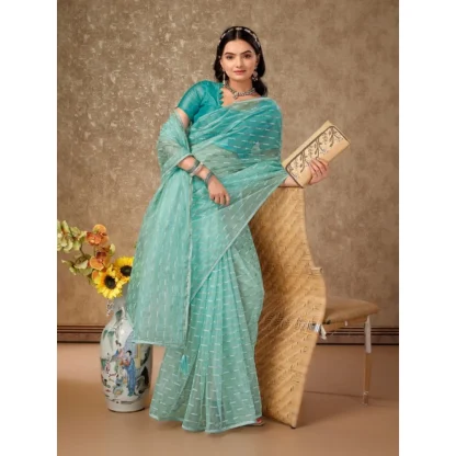 Women's Linen Line Saree With Unstitched Blouse (Turquies Green, 5-6 Mtrs) - Image 6