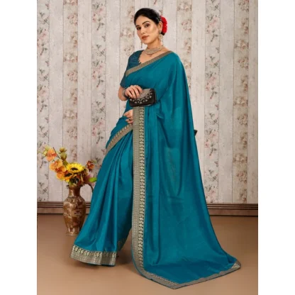 Women's Vichitra Plain Saree With Unstitched Blouse (Blue, 5-6 Mtrs) - Image 8