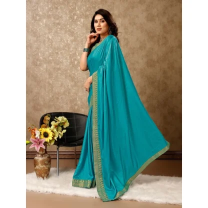 Women's Vichitra Plain Saree With Unstitched Blouse (Teal Blue, 5-6 Mtrs) - Image 7