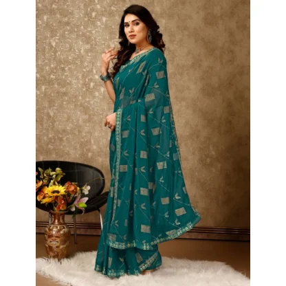 Women's Zomto Patta Chiffon Saree With Unstitched Blouse (Teal Blue, 5-6 Mtrs) - Image 7