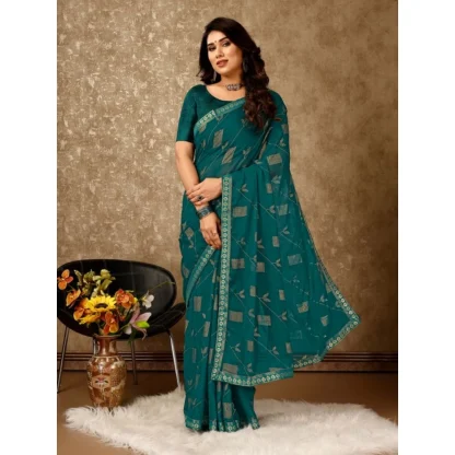 Women's Zomto Patta Chiffon Saree With Unstitched Blouse (Teal Blue, 5-6 Mtrs) - Image 8