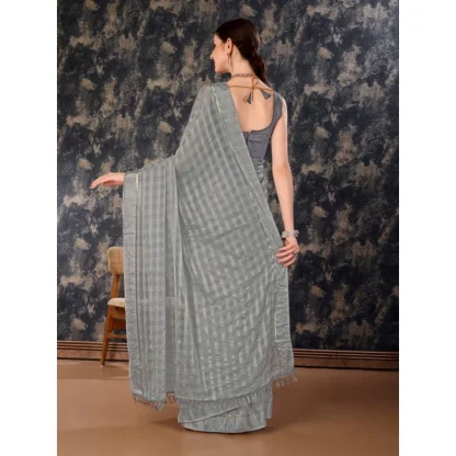 Women's Chiffon Fabric Line Saree With Unstitched Blouse (Grey, 5-6 Mtrs) - Image 3