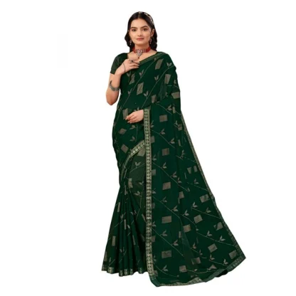 Women's Zomto Patta Chiffon Saree With Unstitched Blouse (Green, 5-6 Mtrs)