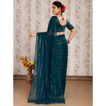 Women's Chiffon Fabric Line Saree With Unstitched Blouse (Teal Blue, 5-6 Mtrs) - Image 4