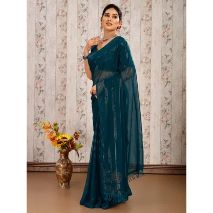 Women's Chiffon Fabric Line Saree With Unstitched Blouse (Teal Blue, 5-6 Mtrs) - Image 6