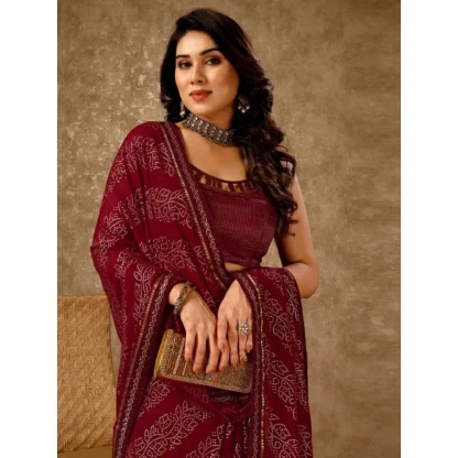 Women's Zomto Bandhini Saree With Unstitched Blouse (Maroon, 5-6 Mtrs) - Image 5