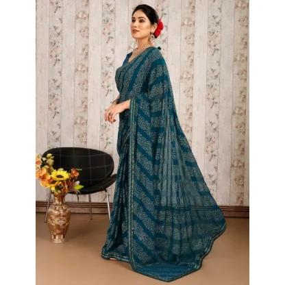 Women's Zomto Bandhini Saree With Unstitched Blouse (Blue, 5-6 Mtrs) - Image 7