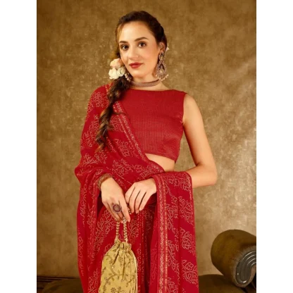 Women's Zomto Bandhini Saree With Unstitched Blouse (Red, 5-6 Mtrs) - Image 5