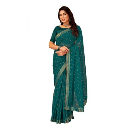 Women's Zomto Bandhini Saree With Unstitched Blouse (Teal Blue, 5-6 Mtrs)