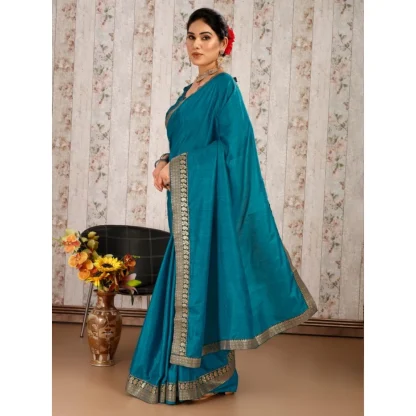 Women's Vichitra Plain Saree With Unstitched Blouse (Blue, 5-6 Mtrs) - Image 3