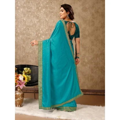 Women's Vichitra Plain Saree With Unstitched Blouse (Teal Blue, 5-6 Mtrs) - Image 4