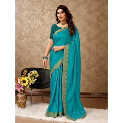 Women's Vichitra Plain Saree With Unstitched Blouse (Teal Blue, 5-6 Mtrs) - Image 8