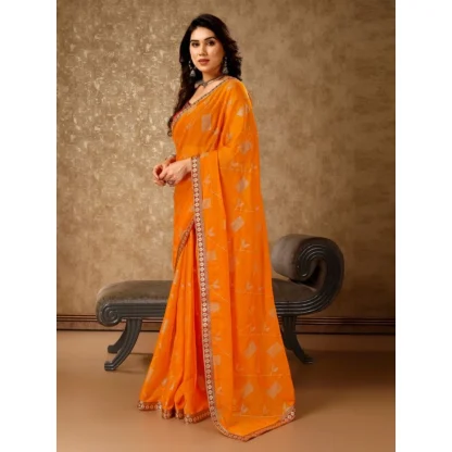 Women's Zomto Patta Chiffon Saree With Unstitched Blouse (Yellow, 5-6 Mtrs) - Image 6