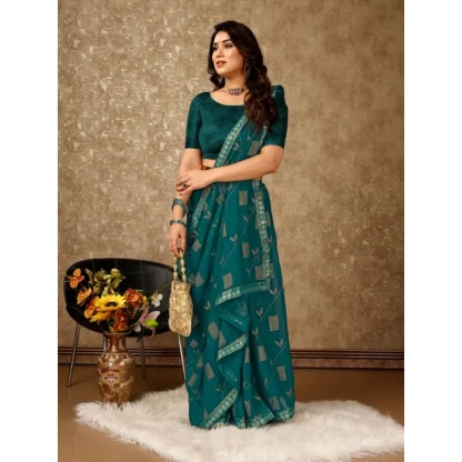 Women's Zomto Patta Chiffon Saree With Unstitched Blouse (Teal Blue, 5-6 Mtrs) - Image 6