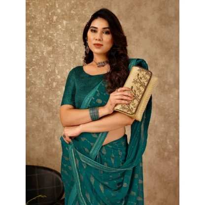 Women's Zomto Laheriya Saree With Unstitched Blouse (Teal Blue, 5-6 Mtrs) - Image 5