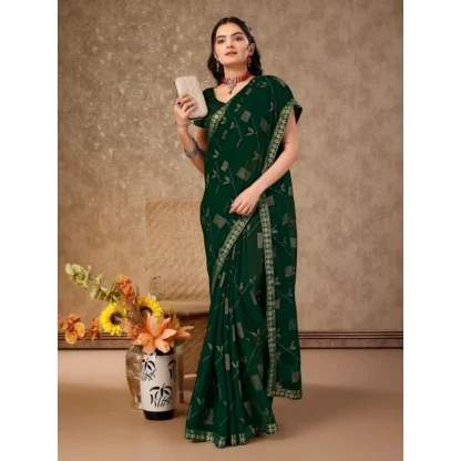 Women's Zomto Patta Chiffon Saree With Unstitched Blouse (Green, 5-6 Mtrs) - Image 6